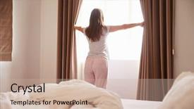  Presentation with curtains - PPT theme featuring bedroom window and open background and a soft green colored foreground