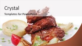  Presentation with beef - Presentation design enhanced with beef bourguignon in wine with artichoke and marinated vegetables on white plate isolated over white background background and a light gray colored foreground