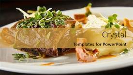  Presentation with food white - Audience pleasing slide deck consisting of beef-brisket-and-mashed-potato backdrop and a gold colored foreground