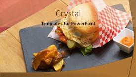  Presentation with burger - Slide set having beef burger with fried egg and chips background and a coral colored foreground