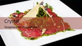  Presentation with beef - Audience pleasing PPT theme consisting of beef carpaccio on black background backdrop and a red colored foreground