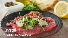  Presentation with beef - Colorful slide set enhanced with beef-carpaccio-with-arugula-capers backdrop and a tawny brown colored foreground