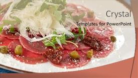  Presentation with beef - PPT theme consisting of beef-carpaccio-with-cheese background and a soft green colored foreground