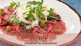  Presentation with beef - PPT layouts consisting of beef-carpaccio-with-lemon background and a coral colored foreground