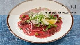  Presentation with beef - Presentation design consisting of beef-carpaccio-with-lemon background and a soft green colored foreground