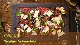  Presentation with italian cuisine - Presentation consisting of beef-carpaccio-with-pepper-rucola background and a tawny brown colored foreground