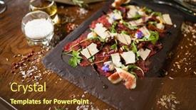  Presentation with italian cuisine - Presentation design having beef-carpaccio-with-pepper-rucola background and a tawny brown colored foreground