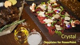  Presentation with italian cuisine - Colorful PPT layouts enhanced with beef-carpaccio-with-pepper-rucola backdrop and a tawny brown colored foreground