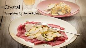  Presentation with texas cattle beef - Theme having beef carpaccio with slice ovum background and a soft green colored foreground