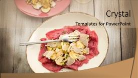  Presentation with non gmo beef - Beautiful PPT theme featuring beef carpaccio with slice ovum backdrop and a  colored foreground