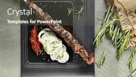 Presentation with hot sauce - Presentation enhanced with beef kebab with onion and hot red sauce background and a dark gray colored foreground