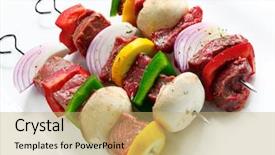 Presentation with meat beef - Theme enhanced with beef kebabs ready for cooking skewers with onions capsicums mushrooms squash and meat background and a yellow colored foreground