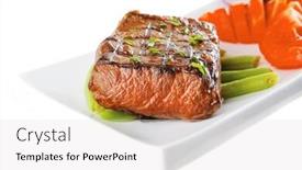  Presentation with porcelain - Presentation having beef meat served with tomato on white porcelain background and a light gray colored foreground