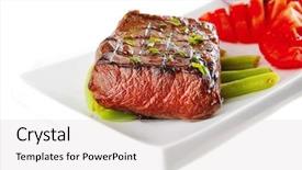  Presentation with porcelain - Presentation theme enhanced with beef meat served with tomato on white porcelain background and a light gray colored foreground