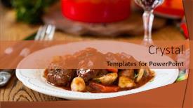  Presentation with beef meat soup stew - Presentation having beef-meat-stewed-with-potato background and a red colored foreground