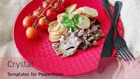  Presentation with meat beef - Presentation enhanced with beef-meat-stewed-with-potatoes background and a red colored foreground