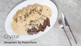  Presentation with meat beef - Slide deck featuring beef-meat-with-cream-mushroom background and a light gray colored foreground