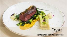  Presentation with sweet potato - Slides having beef meat with green peas background and a coral colored foreground