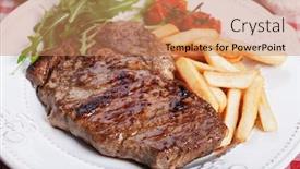  Presentation with rocket - Presentation design consisting of beef rib-eye steak with french fries and rocket salad background and a coral colored foreground