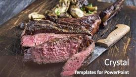  Presentation with barbecue boat - Presentation featuring beef ribs - barbecue tomahawk steak with mushrooms background and a tawny brown colored foreground