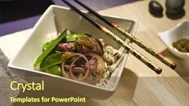  Presentation with curry - Presentation design enhanced with beef rice sweet peas and onion rings with green curry sauce in square bowl chopsticks rested background and a tawny brown colored foreground