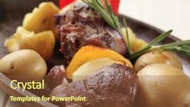  Presentation with kebab - Cool new theme with beef shish kebab and new potatoes on cast iron plate backdrop and a tawny brown colored foreground