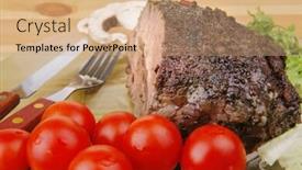  Presentation with beef - Audience pleasing PPT theme consisting of beef slice on transparent plate and vegetables on wood backdrop and a coral colored foreground