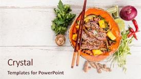  Presentation with free - Colorful PPT theme enhanced with beef slices in bowl free backdrop and a lemonade colored foreground