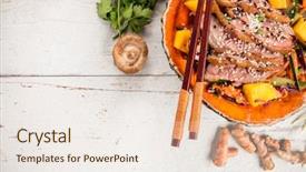  Presentation with top view of appetizing fresh - PPT layouts having beef slices in bowl free background and a sky blue colored foreground