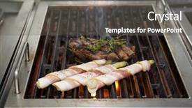  Presentation with coal - Colorful PPT layouts enhanced with beef steak and asparagus wrapped in bacon on coal grill backdrop and a gray colored foreground