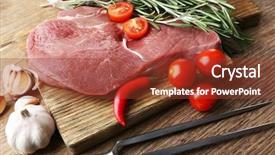  Presentation with steak - Theme featuring beef steak on wooden table background and a tawny brown colored foreground