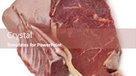  Presentation with foods - PPT theme enhanced with beef steak rack of lamb and a chicken fillet isolated on white protein foods ready for cooking background and a coral colored foreground