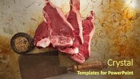  Presentation with butcher - Amazing slide deck having beef steak t-bone with vintage butcher cleaver knife backdrop and a tawny brown colored foreground