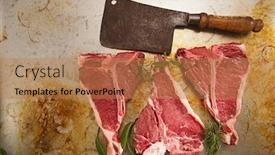  Presentation with butcher - Beautiful presentation design featuring beef steak t-bone with vintage butcher cleaver knife backdrop and a coral colored foreground