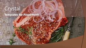  Presentation with bone - Presentation consisting of beef steak t-bone with vintage meat fork on metal backdrop background and a coral colored foreground