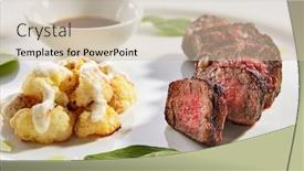  Presentation with white plate - Cool new PPT layouts with beef-steak-with-cauliflower-dish backdrop and a soft green colored foreground