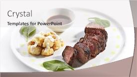  Presentation with white plate - Slide deck enhanced with beef-steak-with-cauliflower-dish background and a white colored foreground