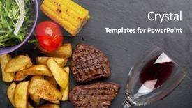  Presentation with grilled - PPT theme having beef steak with grilled potato corn salad and red wine top view with copy space background and a gray colored foreground