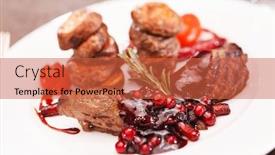  Presentation with sauce - Presentation design enhanced with beef-steak-with-potatoes background and a red colored foreground