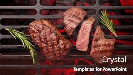  Presentation with steaks - Colorful presentation theme enhanced with beef-steaks-cooking-on-grill backdrop and a tawny brown colored foreground