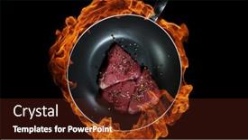  Presentation with meat beef - Slide set consisting of beef-steaks-in-pan-flames background and a tawny brown colored foreground