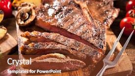  Presentation with flame nutrition beef steaks - Cool new slide set with beef steaks with grilled vegetables backdrop and a tawny brown colored foreground