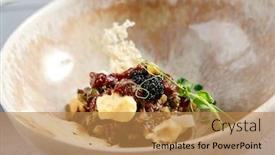  Presentation with snack food - PPT theme consisting of beef-tartar-in-beige-ceramic background and a coral colored foreground