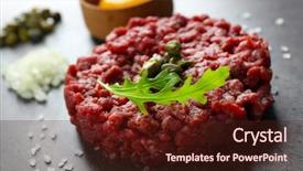  Presentation with beef - Slide deck enhanced with beef tartare served with an egg yolk on a grey surface close up background and a wine colored foreground