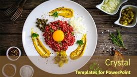  Presentation with close up of beef tartar - Slide set featuring beef-tartare-steak-with-onion background and a tawny brown colored foreground