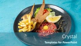  Presentation with french fries - Colorful slide set enhanced with beef-tartare-with-egg-yolk backdrop and a ocean colored foreground