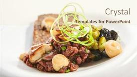  Presentation with haute cuisine - Audience pleasing slide deck consisting of beef-tartare-with-greenery-closeup backdrop and a cream colored foreground