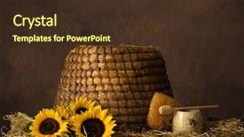  Presentation with old vintage mobile phones - Colorful presentation theme enhanced with beehives - vintage old beehive basket still backdrop and a tawny brown colored foreground