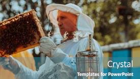 Presentation with honey bee kids - Presentation design having beekeeper-checking-honey background and a teal colored foreground