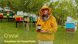  Presentation with honey - PPT theme having beekeeper-holding-a-jar background and a tawny brown colored foreground